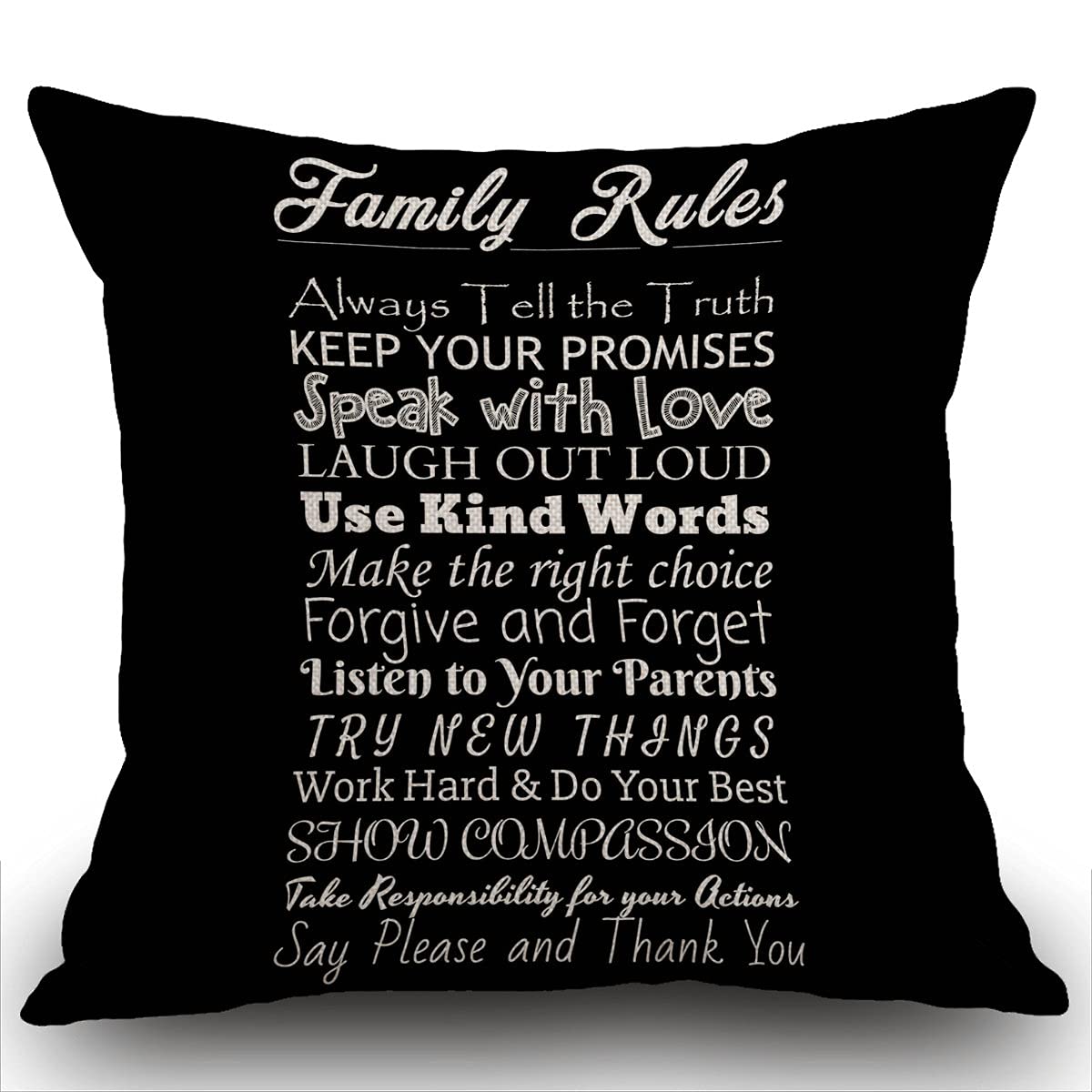 Smooffly Family Rules Decorative Cushion Covers,Quotes Cotton Linen Outdoor Pillow Cases Square Standard Throw Pillow Cover Case for Sofa Couch Bed Car 18x18 inch Black 45X45CM