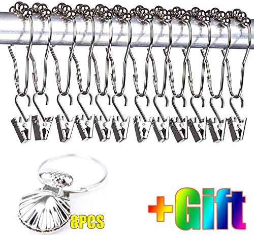 12 Silver Alien Face Stainless Steel Shower Curtain Hooks, Its Forehead Has 5 Small Ball, With 12 Silver Crocodile Mouth Stainless Steel Clip, Also Add 8 Silver Mussel Clip