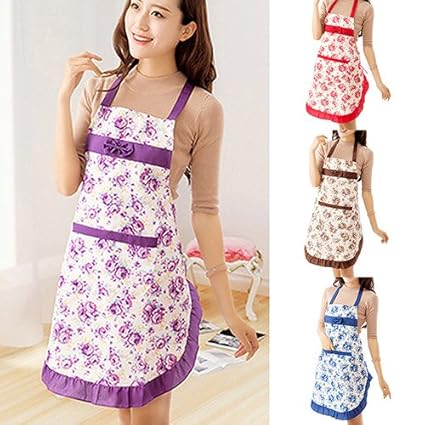 Zollyss 1 PCS Womens Kitchen Apron Restaurant Bib Cooking Aprons Pockets Printed Bowknot Apron