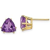 14k Yellow Gold Trillion Cut Amethyst Stud Earrings for Women, Purple Gemstone Earrings with Faceted Semi-Precious Stones, Elegant Fine Jewelry for Everyday Wear or Formal Occasions, 8mm 9x9 mm