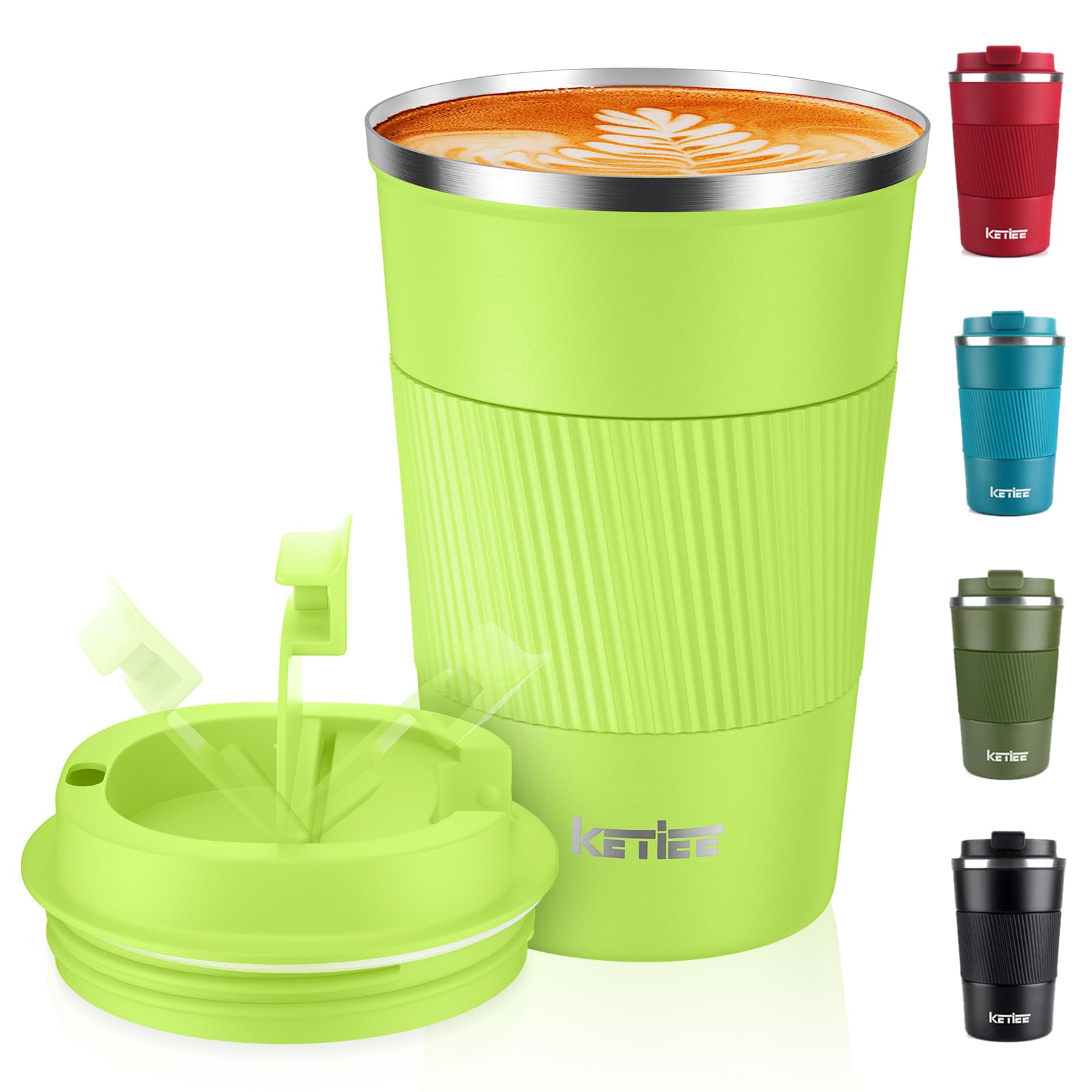 KETIEE Coffee Mug to Go, 380 ml Thermal Mug, Coffee-to-Go, Double-Walled Travel Mug, Vacuum Insulated Mug with Leak-Proof Lid for Coffee and Tea, Grass Green