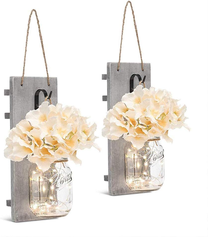 Set of 2 Rustic Wall Sconces Hanging Lights Home Decor Silk Hydrangea LED Strip Fairy Lights with Vintage Wrought Iron Hooks