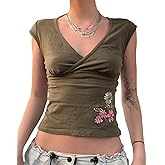 BAIGRAM Women Y2K Grunge Floral Embroidery Cap Sleeve Wrap V Neck Crop Tshirt Tops Slim Fit Cottagecore Girls Summer Tee