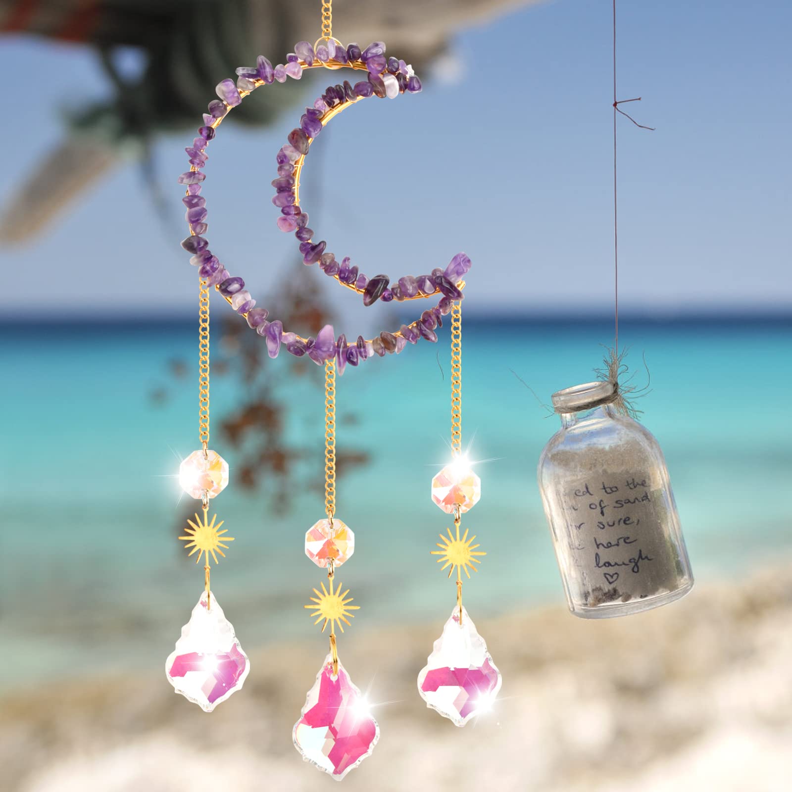 Crystal Glass Sun Catchers Wind Chimes Crystal Prism Suncatchers for Windows Crystal Gold Moon Sun Catchers with Chain Pendant Rainbow Maker Home Decor Hanging for Bedroom Home Garden Gift (Purple)