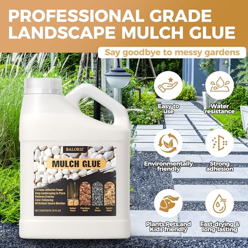 BALORIZ 35oz Mulch Glue & Rock Glues for Landscaping, Pea Gravel & Bark, Strong Stabilizing Gravel Glue with Sprayer Ready to Use Non Toxic Mulches Glues for Rocks Locking Most Mulches