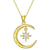 DOVRAN 14K Yellow Gold Moon Star/Sun Necklace for Women Solid Real Gold Moissanite/Opal Pendant Jewelry Christmas Gifts for Wife Mom