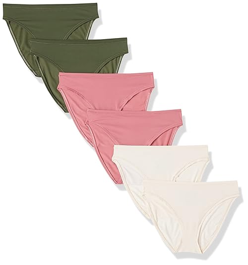Amazon Essentials Women's High Cut Knickers, Pack of 6, Mauve/Blush/Dark Khaki Green, 8