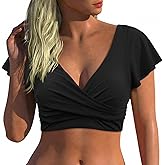 Hilor Women's Underwire Bikini Tops Short Sleeve Tankini Bathing Suits Front Twist Push Up Swimsuit Top Only