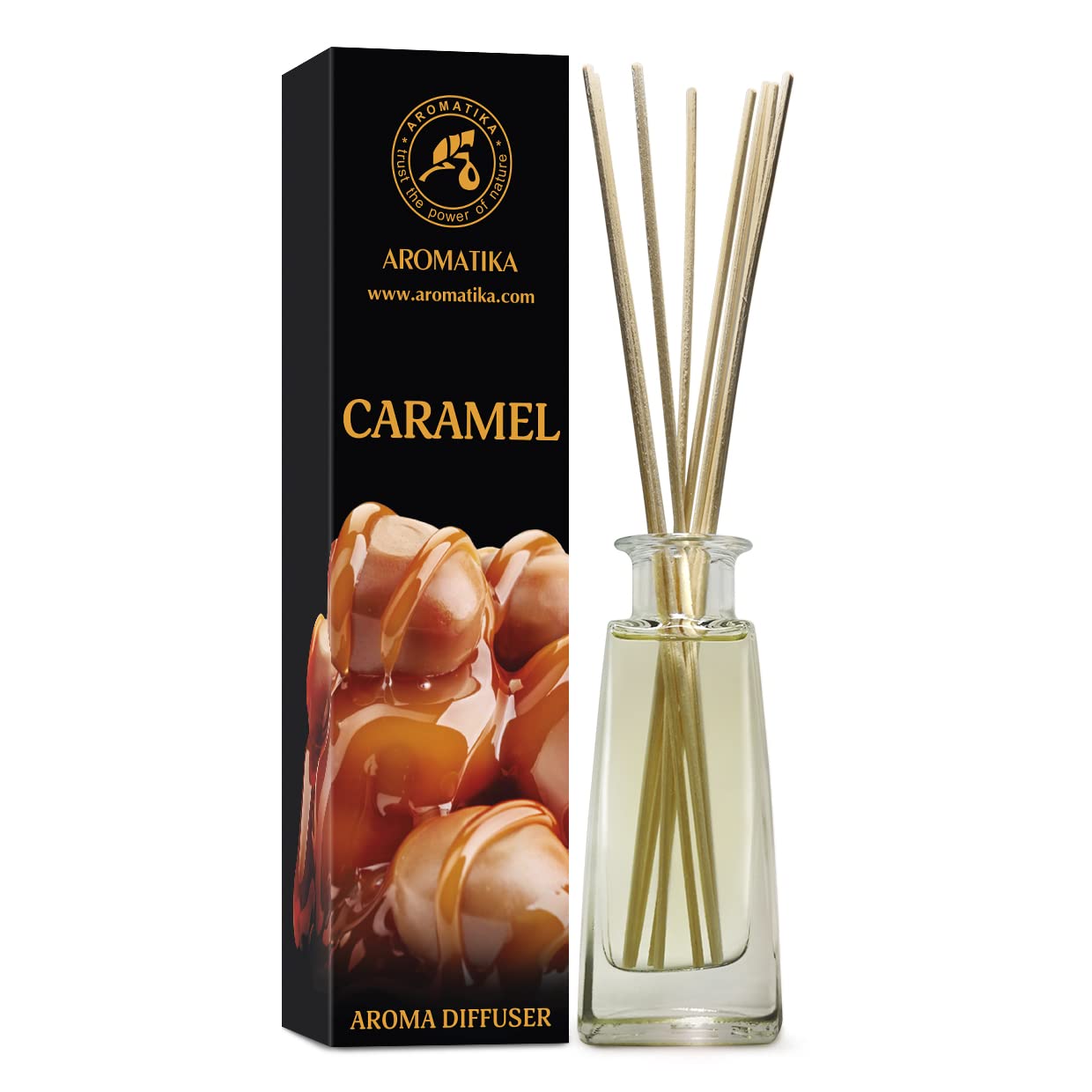AROMATIKA Caramel Reed Diffuser 100ml – Sweet Caramel Room Fragrance, Scented Diffuser with Sticks, Long Lasting Fragrance & Air Freshener, Warm Aromatherapy Scent for Home, Office & Spa, Gift Idea