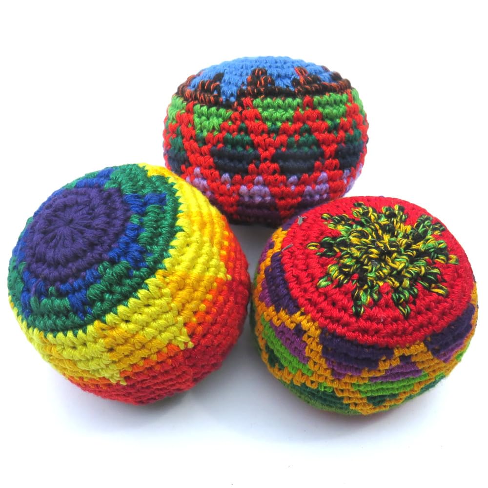 Siesta Hacky Sack, Knitted Footbags, Juggling Balls, Haki Sacks, Kick Balls - Assorted Colours and Styles - Set of 3