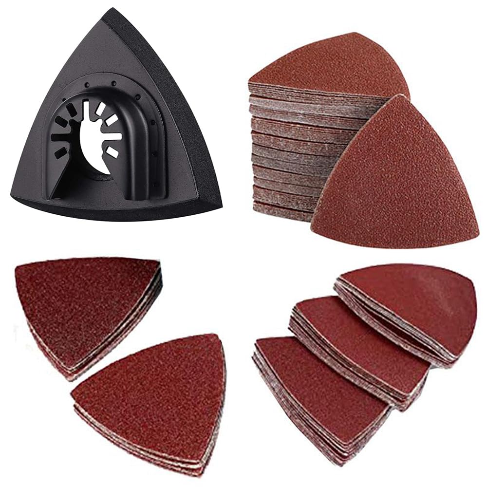 102pcs Sandpaper Set, 2pcs Triangle Velcro Sanding Pads + 100pcs Sanding Sheets (Grid 60#, 80#, 120#, 180#, 240# 20pcs) for Oscillating Polishing Wood and Metal