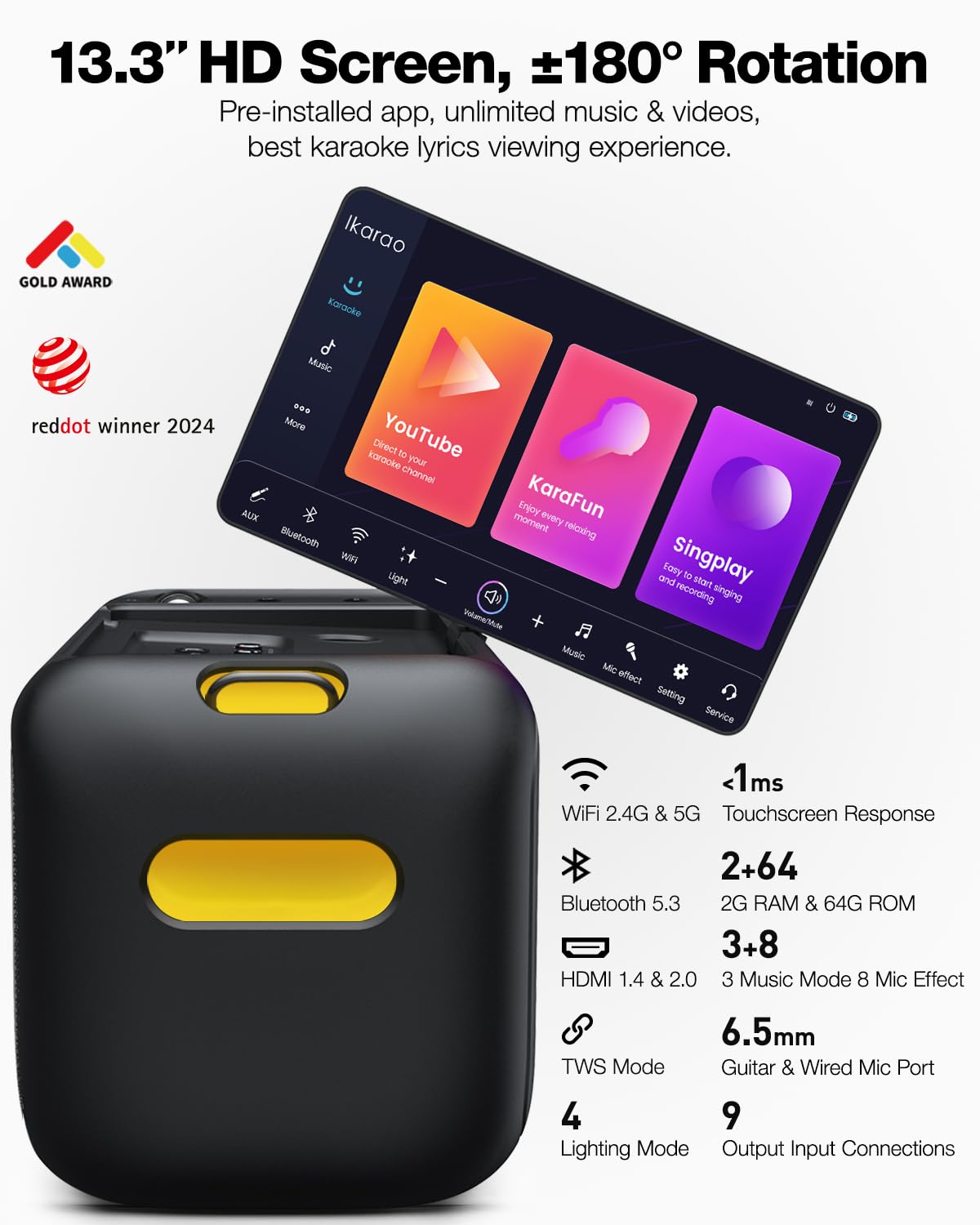 Ikarao Karaoke Machine for Adults, with Lyrics Display Built-in 13.3