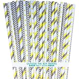 Paper Straws - Gray Yellow White - Stripe Chevron Polka Dot - 7.75 inches - 100 Pack - Outside The Box Papers Brand