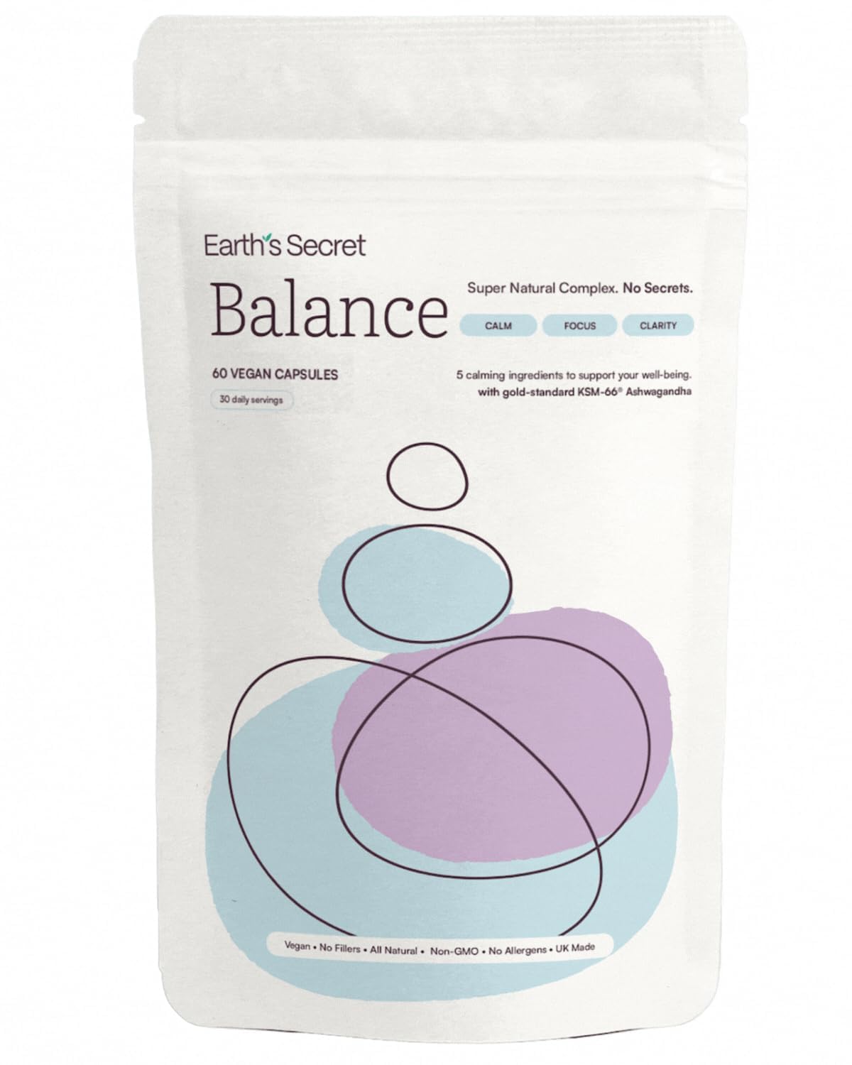 Earth's Secret Balance Stress Relief Supplement - Organic KSM-Ashwagandha - L theanine High Strength with Holy Basil & Rhodiola Rosea - 60 Capsules