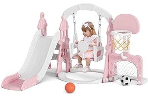 XJD 6-in-1 Toddler Slide and Swing Set, Kids Slide for Toddlers Age 1+, Toddler Outdoor Playset with Basketball Hoop, Football Frame, Swing, Outdoor Indoor Playground for Toddlers 1-3 (Pink)