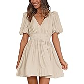 BWQ Women Mini Dress Short Puff Sleeve Sexy V Neck Dress A-line Elastic High Waisted Casual Flowy Summer Dresses