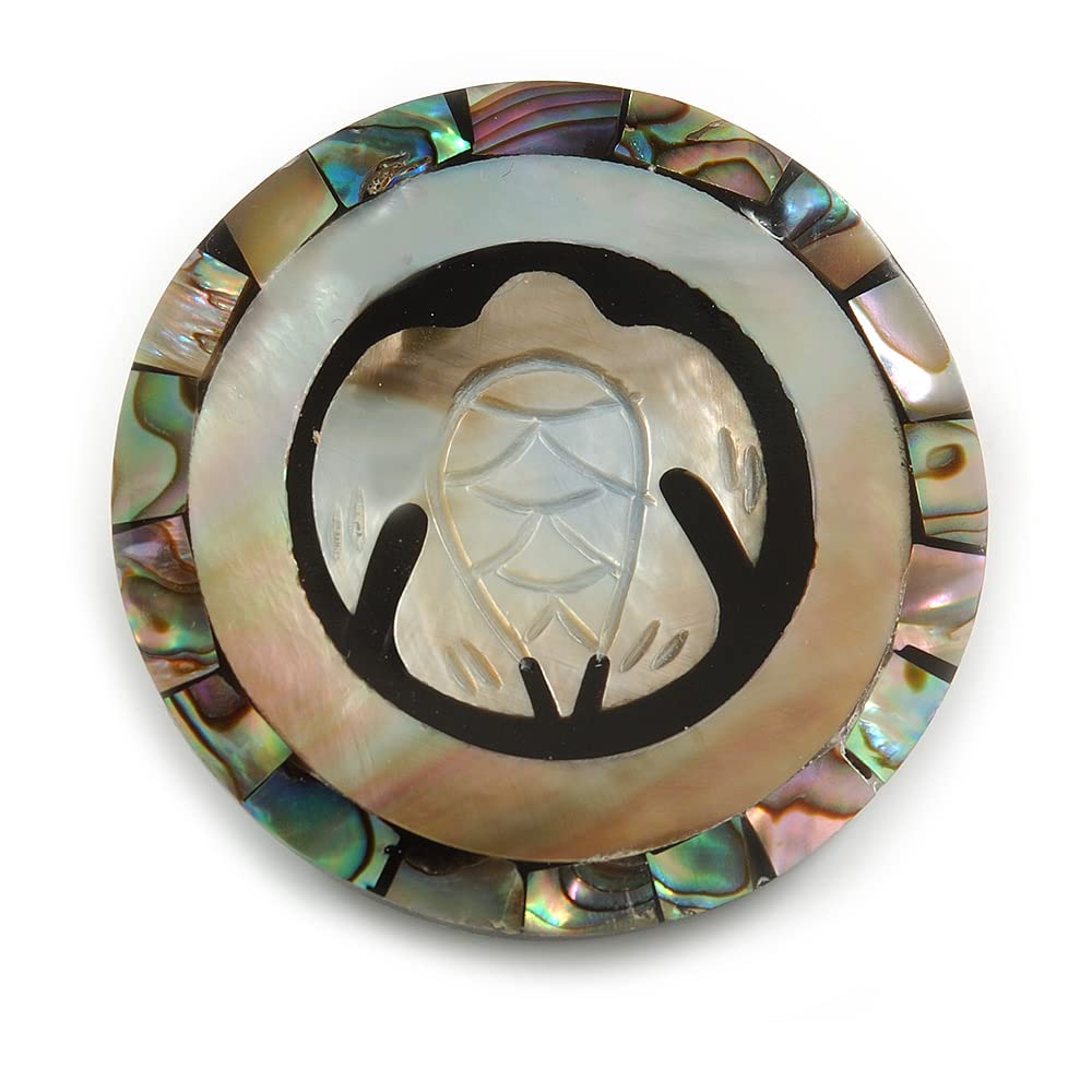40mm L/Round Turtle Motif Sea Shell Brooch/Black/Natural/Abalone Shades/Handmade/Slight Variation In Colour/Natural Irregularities