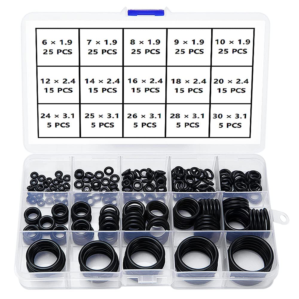 YIXISI 225PCS 15 Sizes Black O-Rings Assortment Kit, Nitrile Rubber Metric O-Rings, for Tap Plumbing Washer Seal & Auto Quick Repair