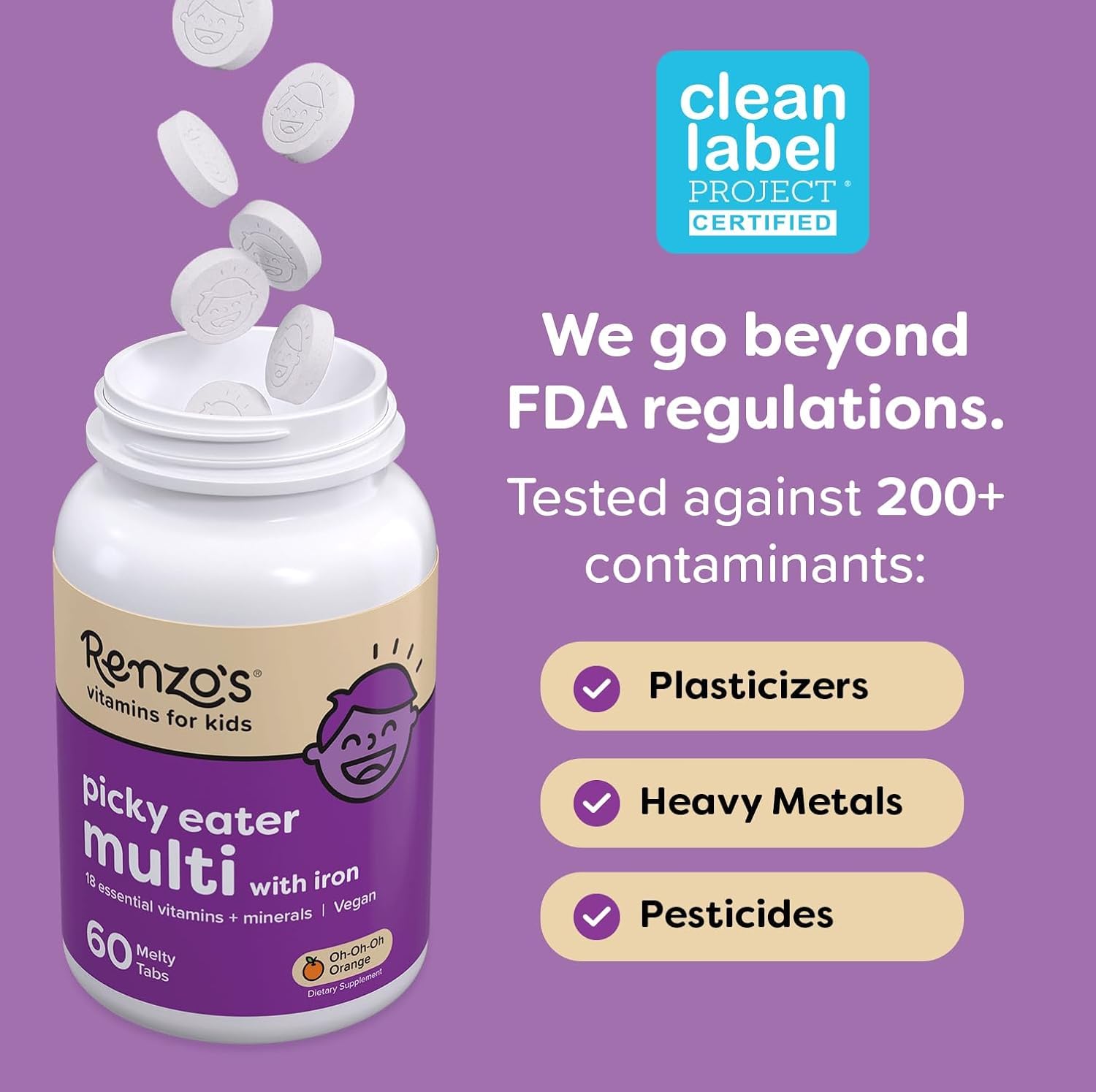 Renzo's Picky Eater Kids Multivitamin with Iron, Dissolving Kids Vitamins with Vitamin D3 and K2 and More, 60 Sugar-Free Melty Tabs, Lil’ Green Apple Flavored