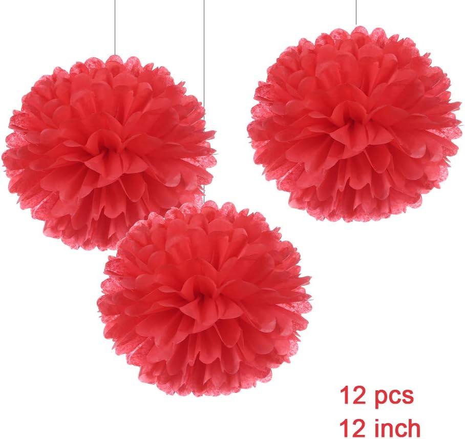 WEVEN 12" Coral Red Tissue Pom Poms DIY Hanging Paper Flower Balls for Baby Shower Nursery Birthday Party Bridal Shower Wedding Backdrop Dessert Table Decoration Supplies, Pack of 12