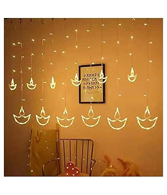 Jyara LED String Lights | Home Decoration lights for Diwali, Dussehra, Mandir Decoration lights. Warm White Diya/Diwali Light Curtain, String Lights with 10 Hanging Diyas, 8 Flashing Modes, Decoration Lighting, Festive Home Decor (Star Curtain)