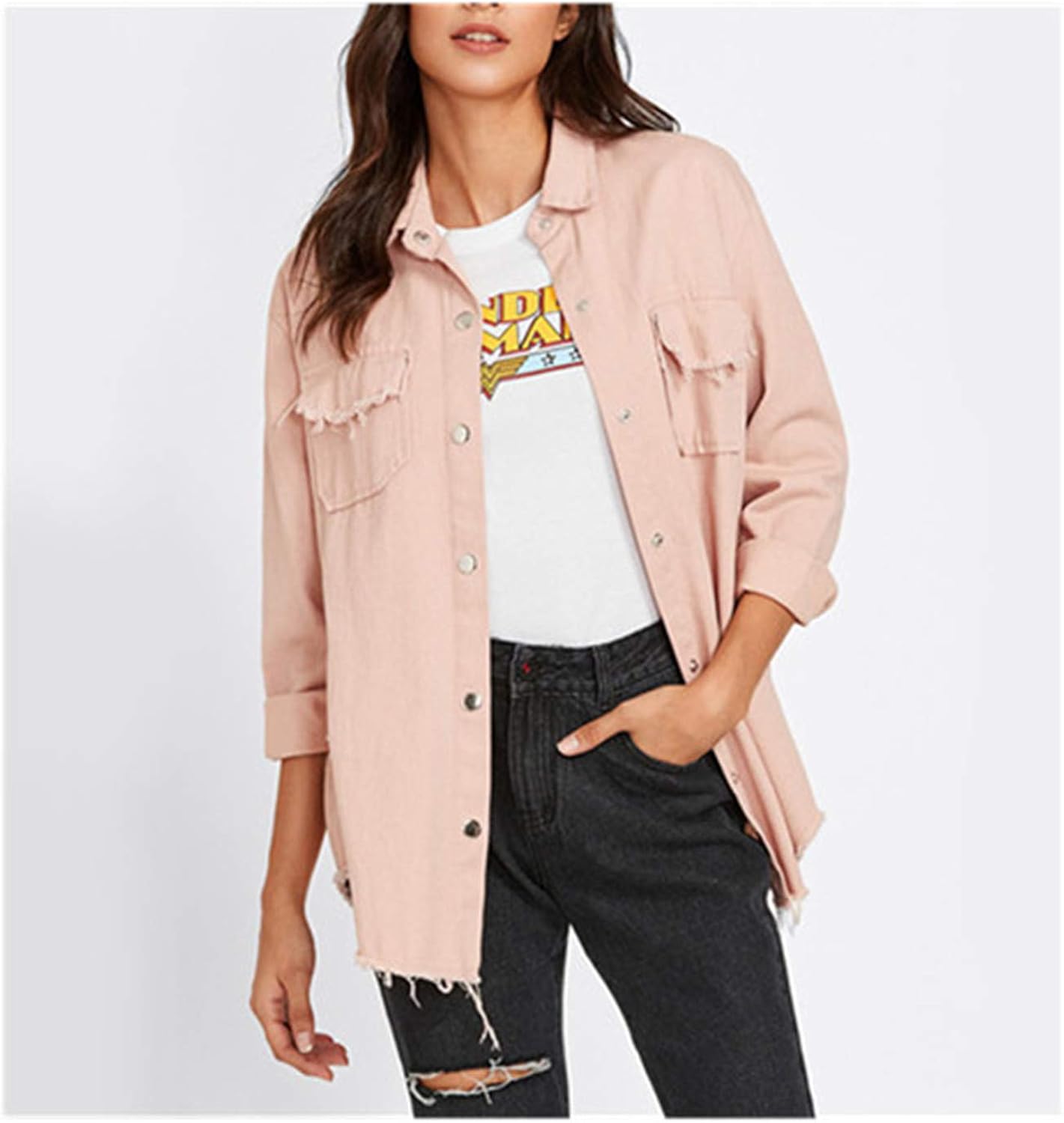 Pink Denim Jacket Frayed Curved Hem 