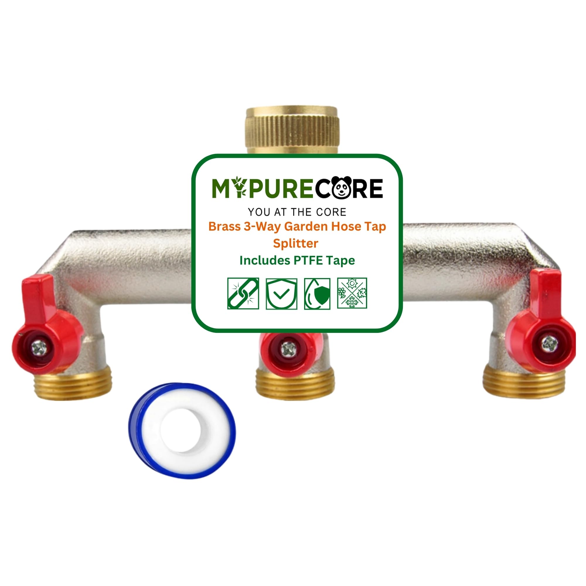 MYPURECORE Brass 3-Way Garden Hose Tap Splitter with PTFE Tape – Durable 3/4" Outdoor Tap Connector with Individual Valves | Brass Hose Connector for Garden Irrigation, Hosepipe Fittings & Adapters