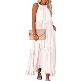 loveimgs Women's Summer Sleeveless Halter Neck Tiered Dress Flowy Ruffle Long Beach Maxi Dress Sundress