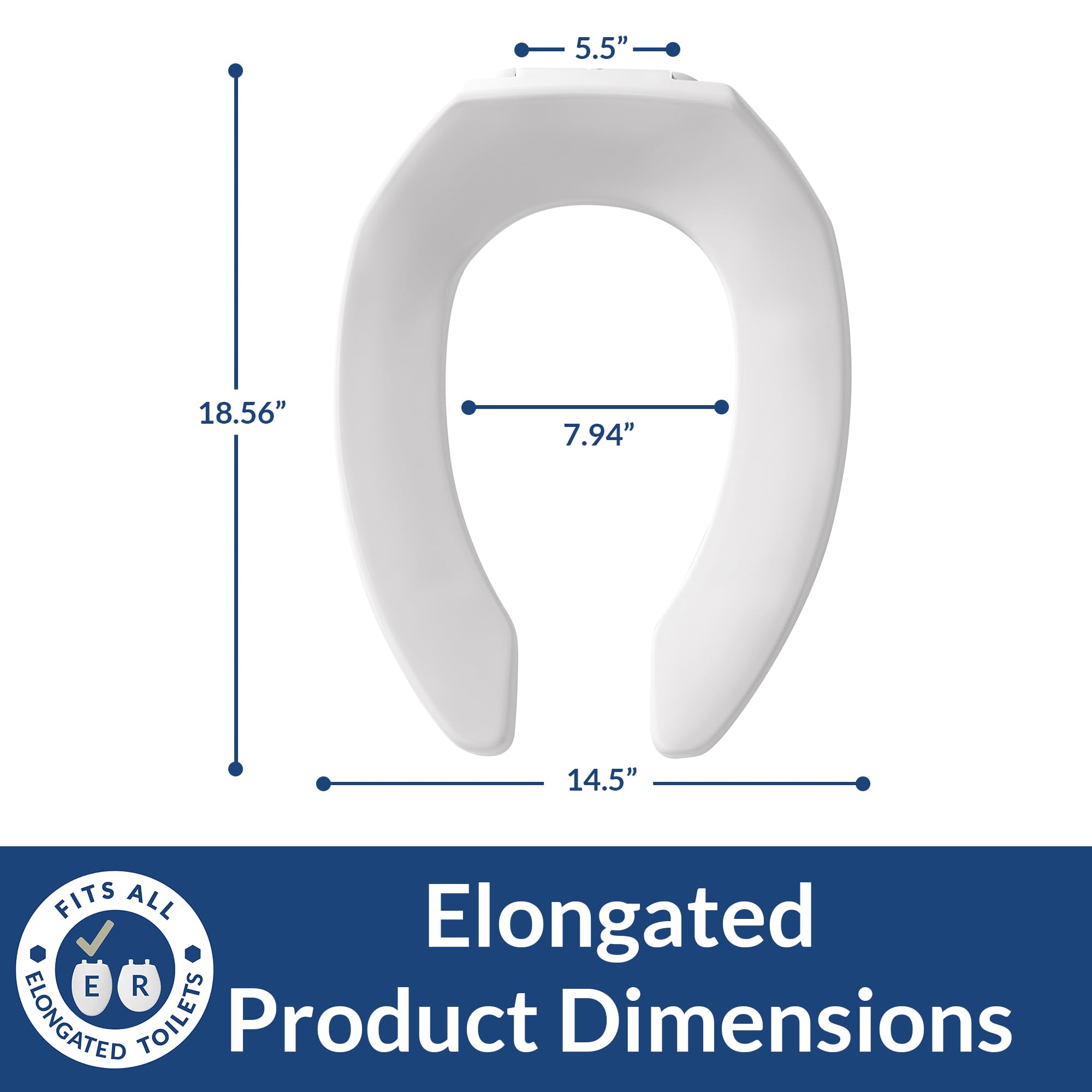 BEMIS 1955CT Commercial Open Front Plastic Toilet Seat, Heavy Duty Industrial Seat without Lid, Secure Installation for Long Lasting Use, Made in USA, Elongated, White