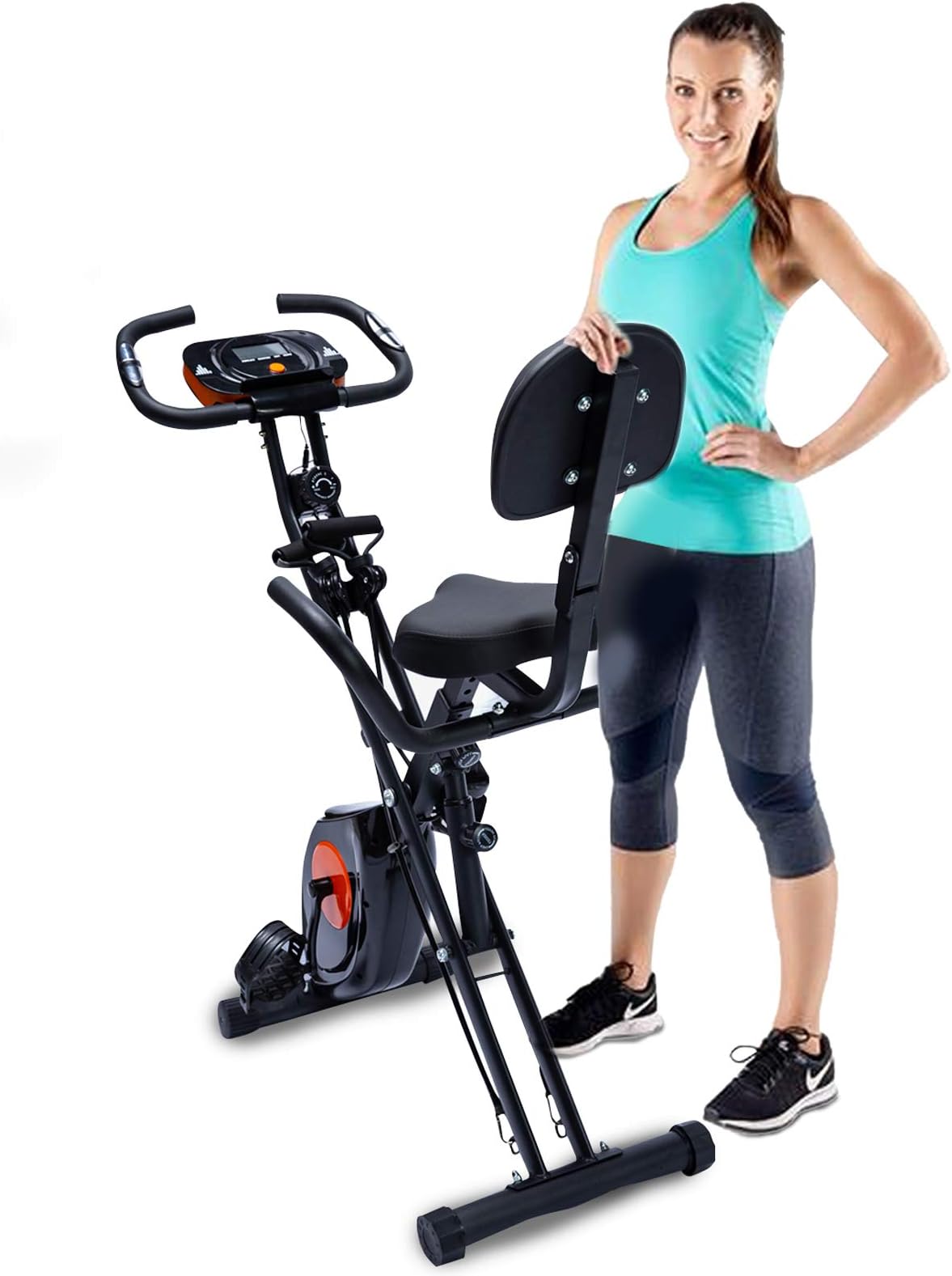 EQA Fitness Foldable Exercise Stationary Bike,Magnetic Upright Workout Bike with Arm Exercise Resistance Bands and Heart Monitor for Women,Men, and Seniors