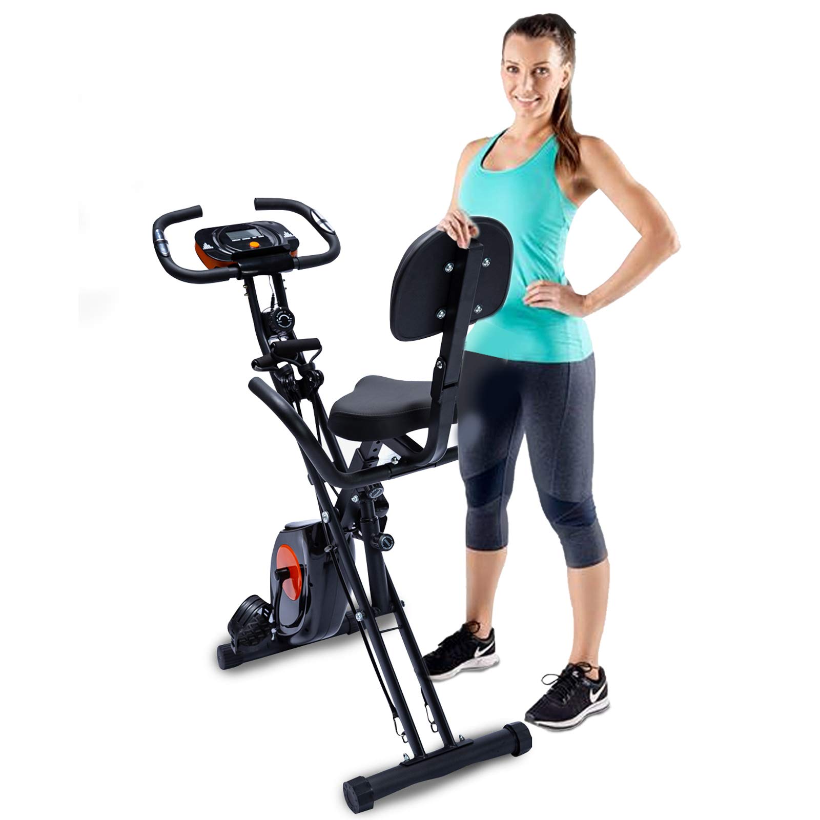 EQA Fitness Foldable Exercise Stationary Bike,Magnetic Upright Workout Bike with Arm Exercise Resistance Bands and Heart Monitor for Women,Men, and Seniors