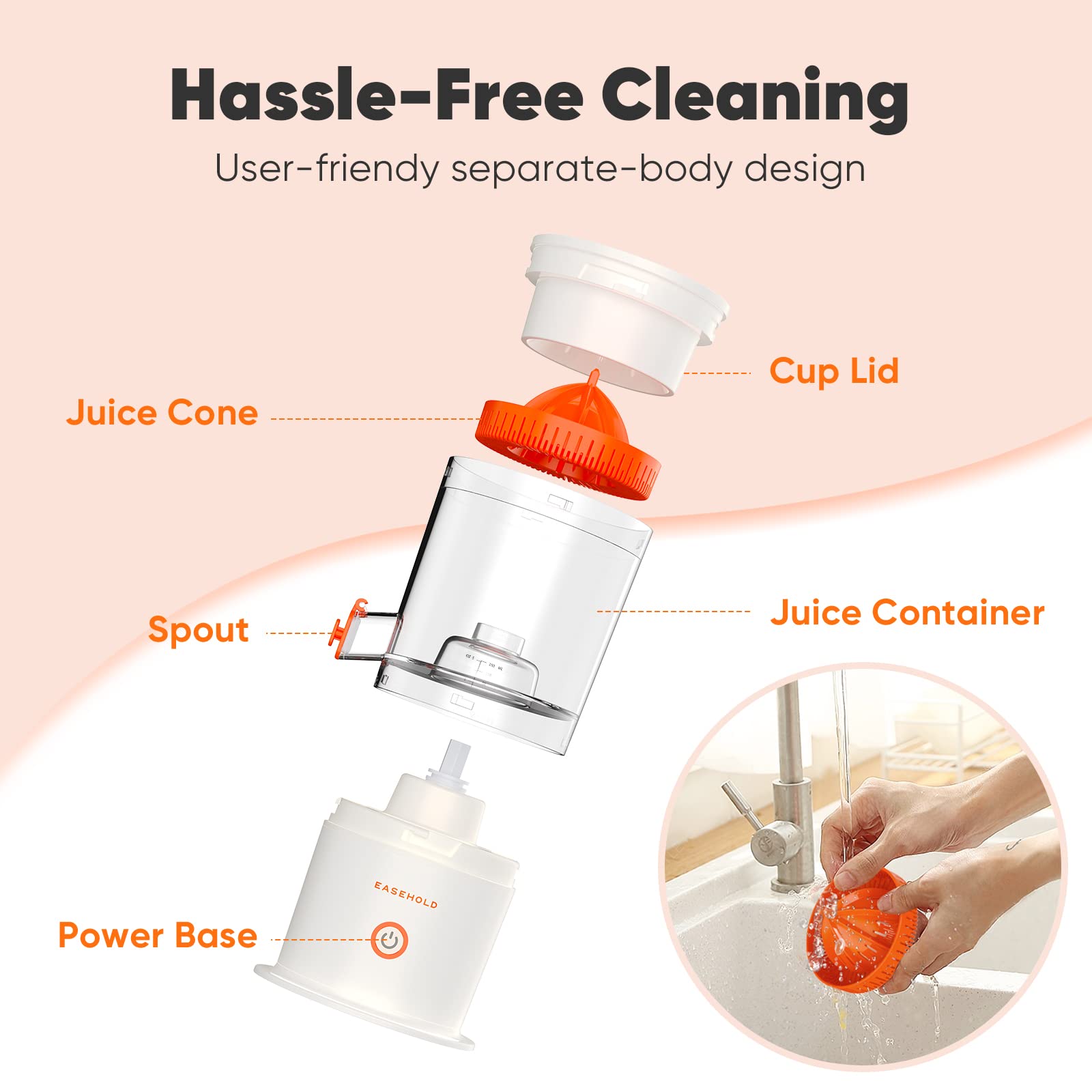 EASEHOLD Electric Citrus Juicer, Portable Juicer Rechargeable with 2 Juicer Cones and USB, Orange Juice Squeezer for Lemon, Lime, Grapefruit - Automatic Electric Fruit Juicer Hands-Free