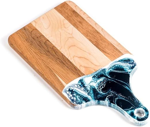 Amazon Com Lynn Liana Resin Accented Cheese Board Canadian Maple Wood Charcuterie Tray With Unique Handmade Design And Handle 7x14 Navy White And Metalic Cheese Plates