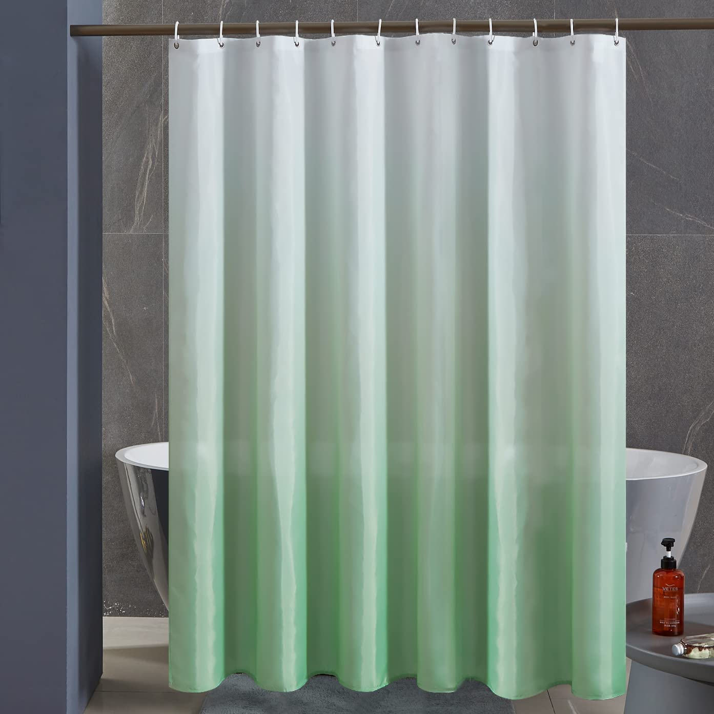 Furlinic Shower Curtain Mould Proof Polyester Fabric Wetroom Bath Curtains Waterproof Machine Washable with 12 Hooks for Bathroom White to Light Green 72x78 Inch(180x200cm).