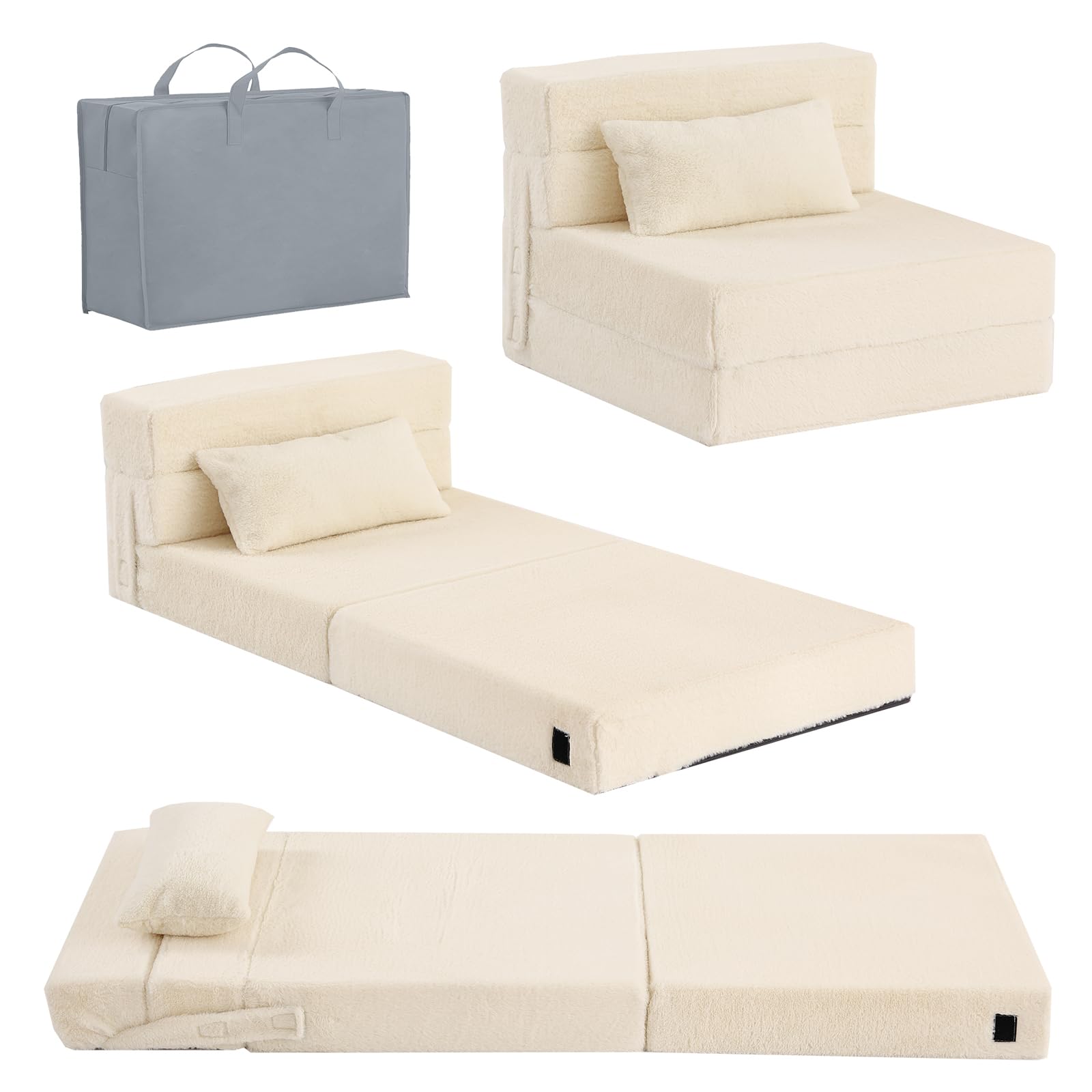 Photo 1 of Tiita Folding Sofa Bed for Kids, Glow Tri Fold Up Sofa Futon Folding Chair, Child Foldable Mattress Floor Bed, Plush Beige