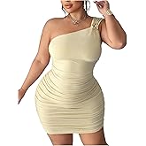 Verdusa Women's Plus Size One Shoulder Metal Floral Mini Dress Ruched Sleeveless Bodycon Dresses Party Outfits