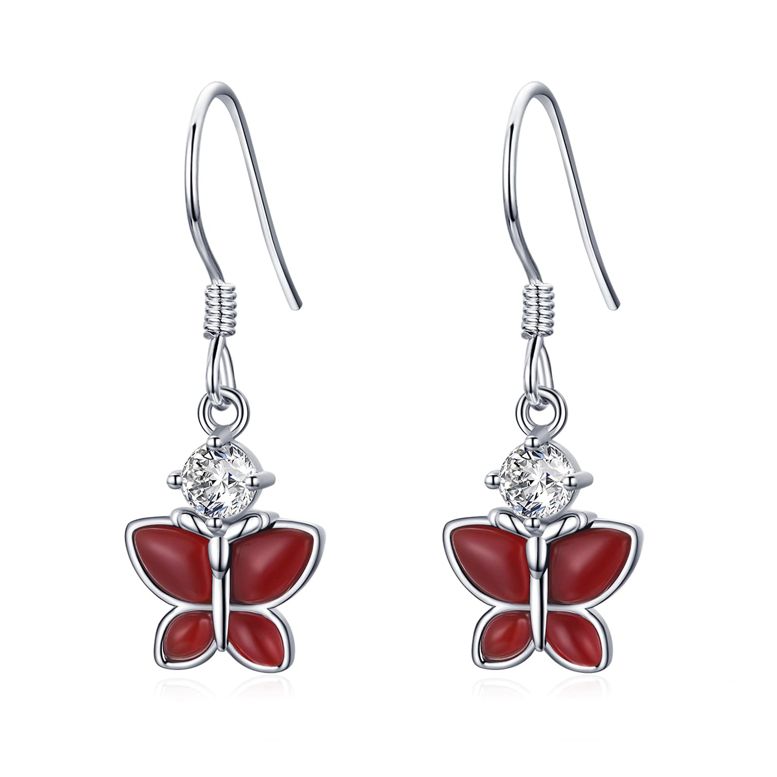KINGWHYTE Butterfly Earrings for Women 925 Sterling Silver Red Agate Butterfly Earrings Butterflies Jewellery Birthday Gifts for Women Girls Daughter