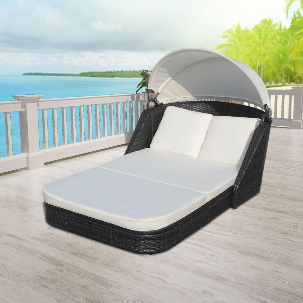 HomeSweet Polyrattan Sun Lounger Double Seater w/Canopy Daybed Patio Furniture, Black
