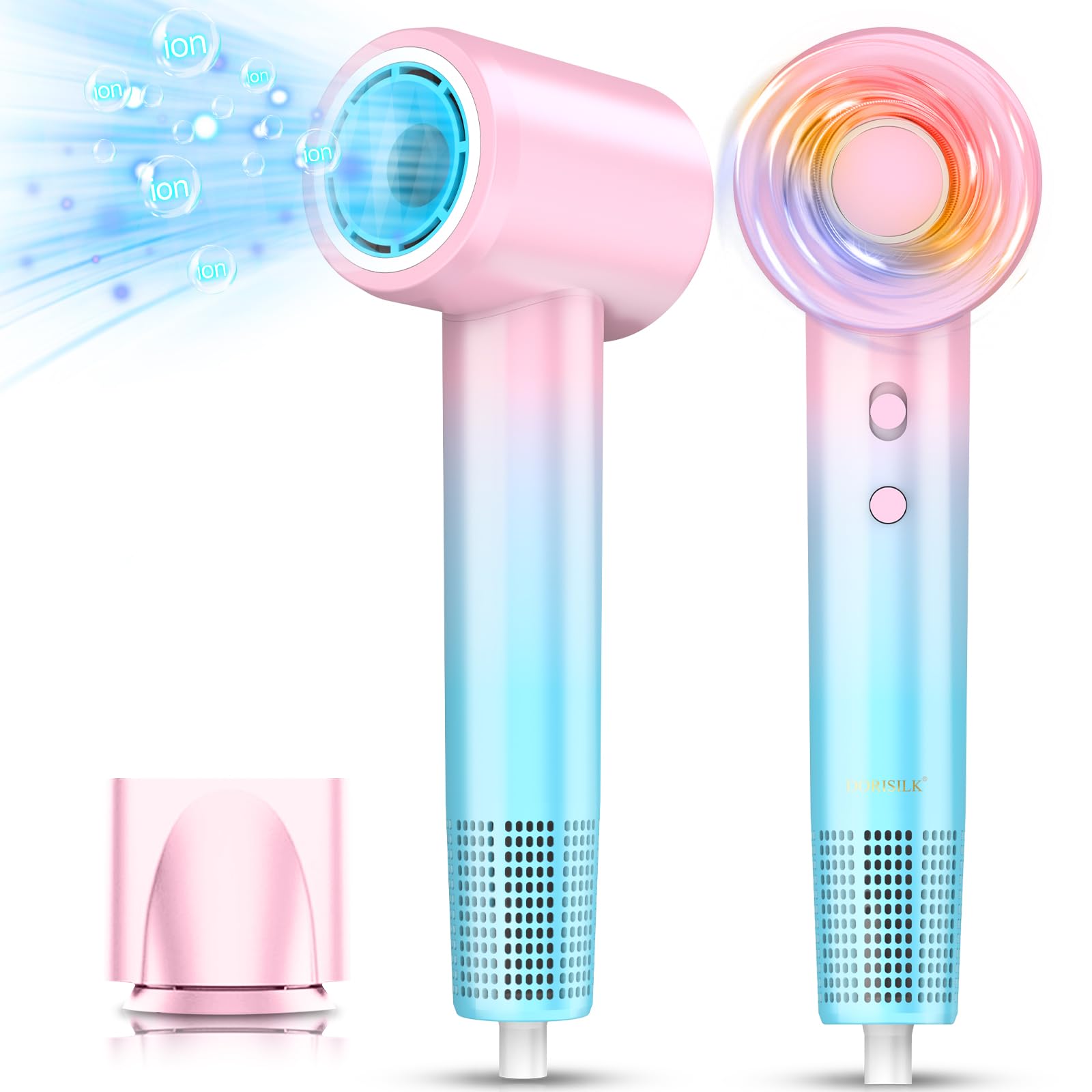 Photo 1 of DORISILK Ionic Hair Dryer 110,000 RPM High Speed, Professional Blow Dryers for Salon Home Use, Portable Blowout Hair Dryers Lightweight with Nozzle Hot & Cold Selection Gift for Women Girl, Pink Blue