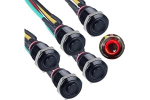 DMWD 5pcs 12mm Metal Momentary Push Button Switch 12V-24V (ON)-Off 4Pins 1NO Raied Head for 1/2" Mounting Hole with Pre-soldered Cable Waterproof Black Shell Halo Ring Red LED Light