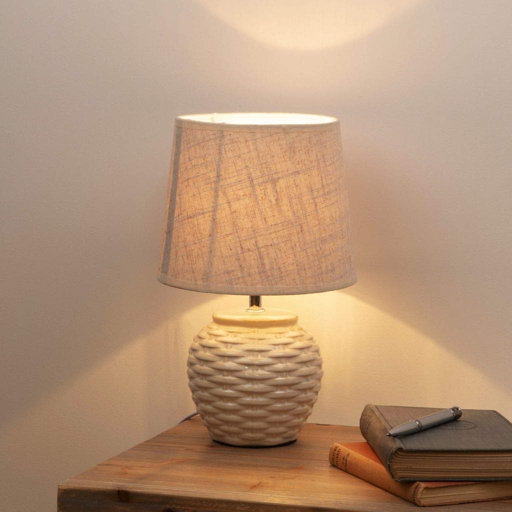 Basket Weave Ceramic Table Lamp with Beige Linen Shade 33cm