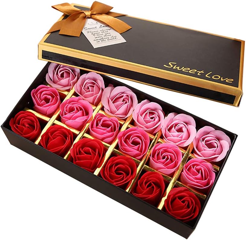 TEEROVA 18Pcs Rose Soap Flower Handmade Rose Scented Bath Soap Petals in Gift Box (A), Pink, 1 count (Pack of 18)