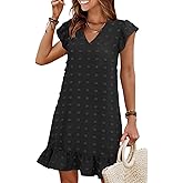 QACOHU Spring Summer Dresses for Women 2026 V Neck Cap Sleeve Ruffle Hem Smock Short Casual Beach Dress