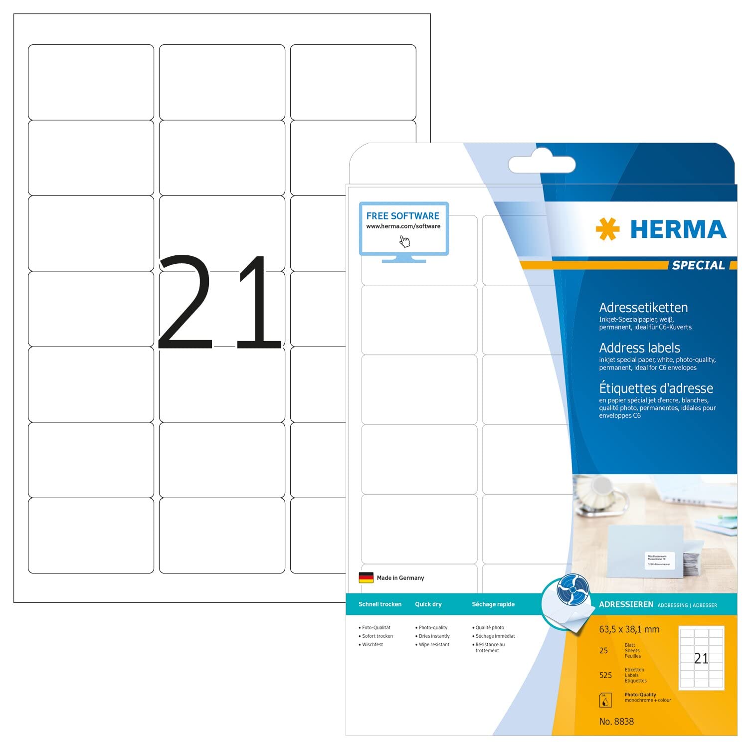 HERMA Self Adhesive Inkjet Address Labels, 21 Labels per A4 Sheet, 25 Sheets, 63.5 x 38.1 mm, 525 Labels, Blank Mailing Labels Stickers, Sticky Labels for Inkjet Printer, White