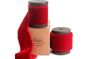 Ribbli Red Velvet Ribbon 1.5 Inch Handmade Frayed Vintage Christmas Ribbon for Gift Wrapping Christmas Tree Ornament Wreath Craft Home Decor -Total 3 Yards with Wooden Spool