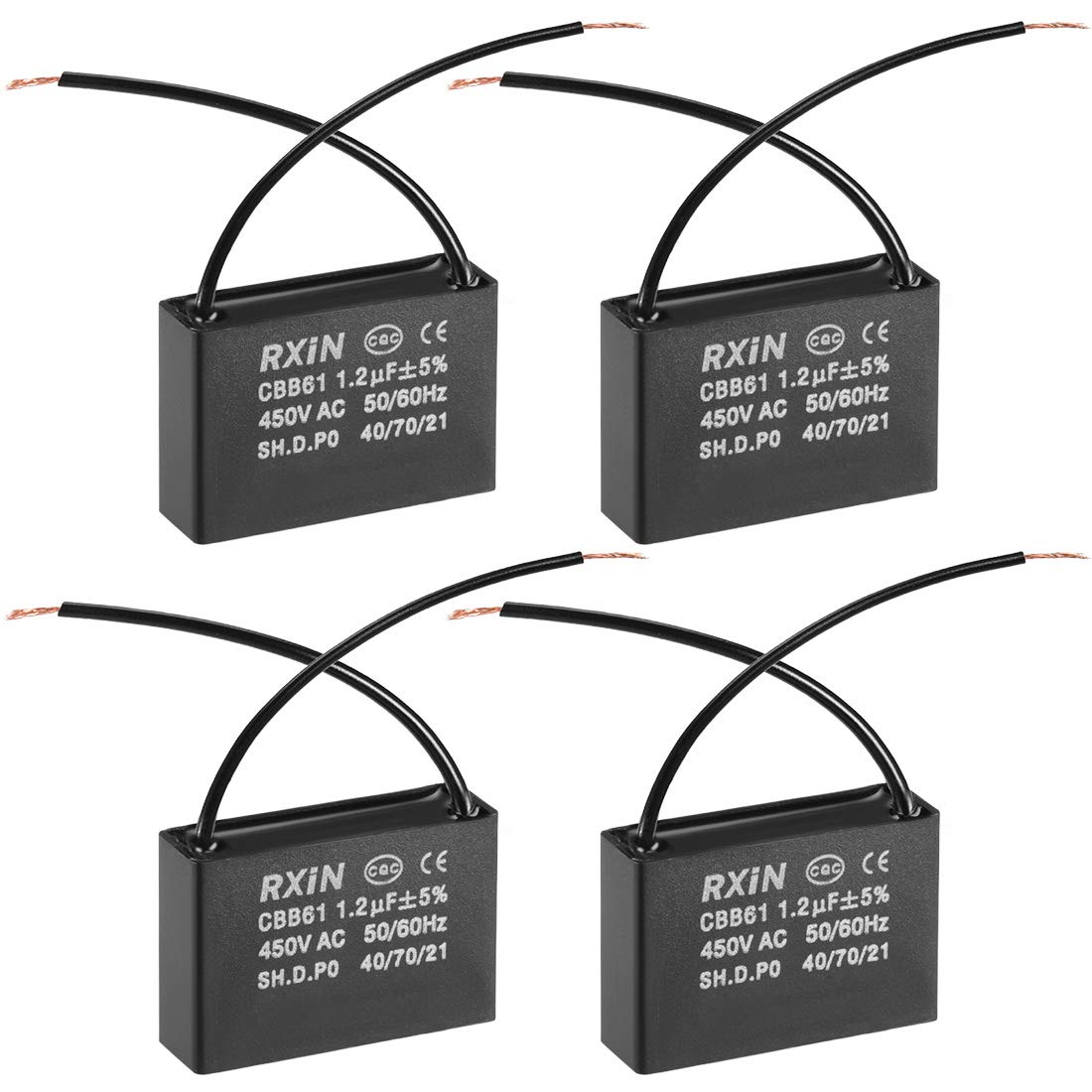 sourcing map Ceiling Fan Capacitor CBB61 1.2uF 450V AC 2 Wires Metalized Polypropylene Film Capacitors 36.5x11x24.5mm for Water Pump Motor Generator, Pack of 4