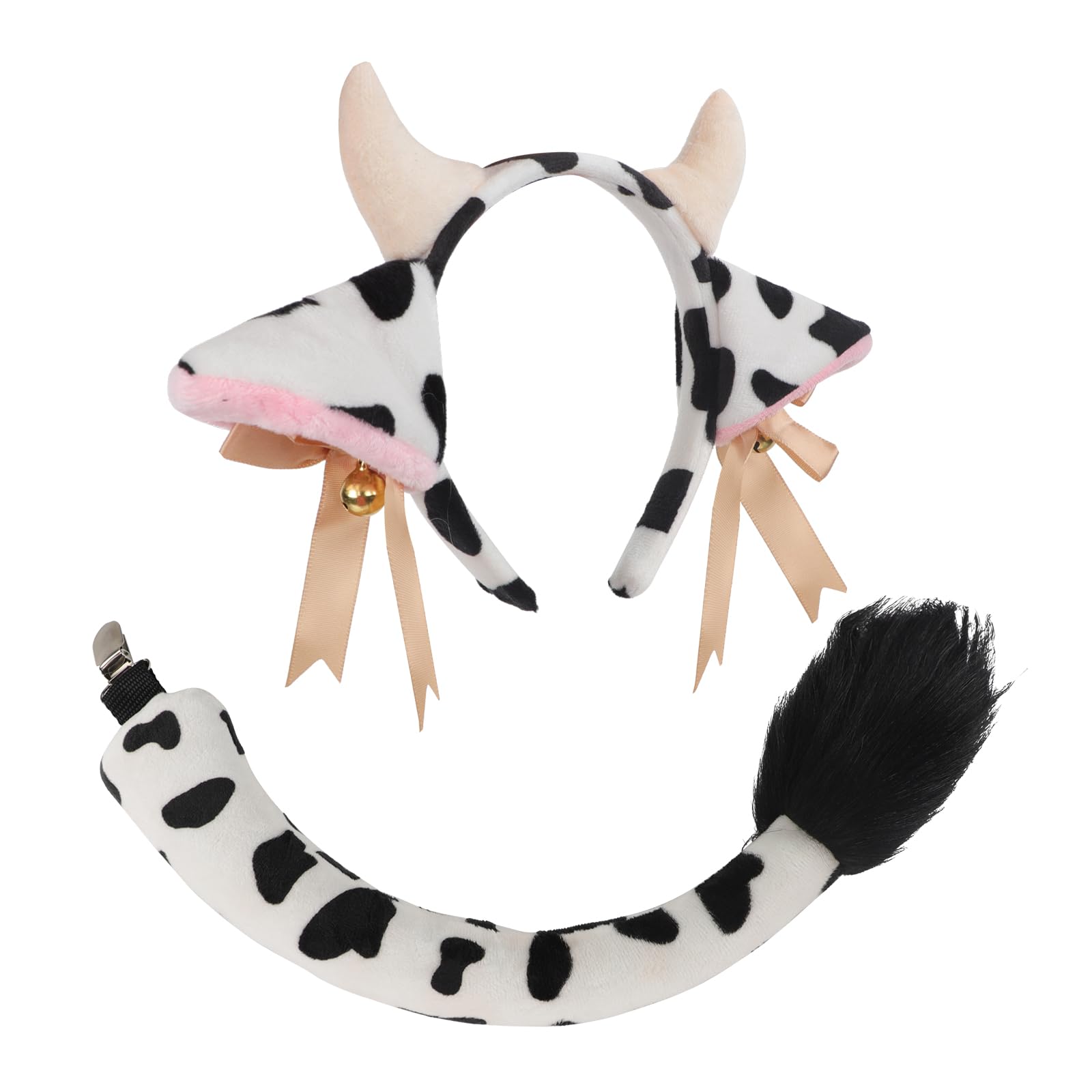 RUIXIA Cow Ears and Tail Set 2 Pcs Plush Cow Ears Horns Hair Hoops Cow Ears Headpiece and Tail for Animal Costume Party Cosplay Accessories Halloween Costume