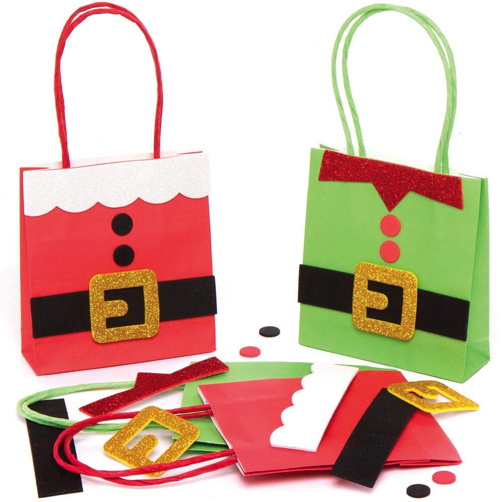Baker Ross AX423 Bag Craft Kit - Pack of 4, Create your own Santa and Elf Style Party Bags, Children’s Craft Activity Bag Sets
