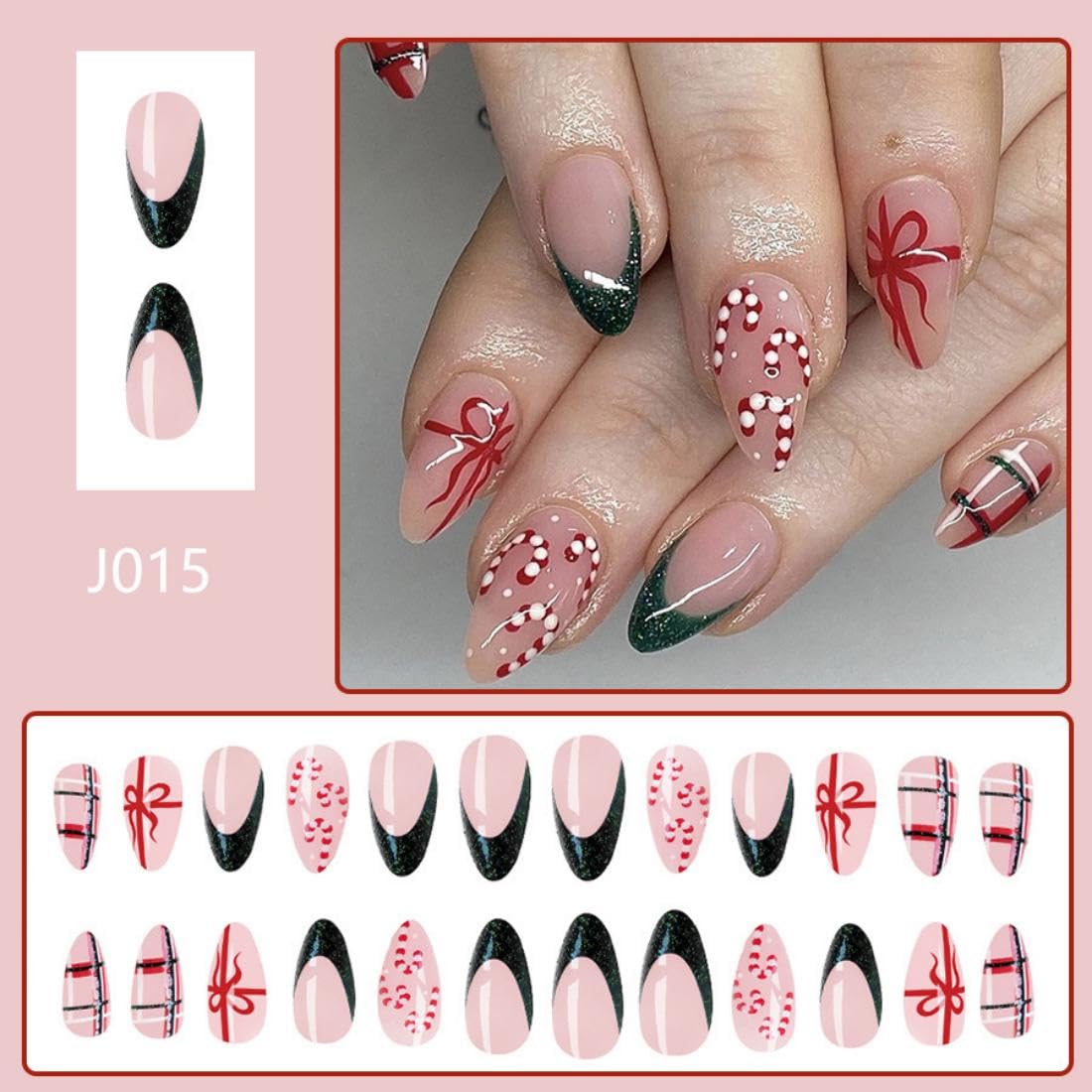Christmas Press On Medium Almond Fake Nails with Gift Design Green Glitter French Tips Glue On Stick On Winter Xmas False Nails for Women Girls Holiday Manicure 24pcs - Image 2