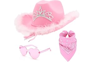 Ricawa 3 PCS Pink Cowgirl Cowboy Hat with Heart Sunglasses Bandana Pink Cowgirl Christmas Costume Accessories for Girls Women